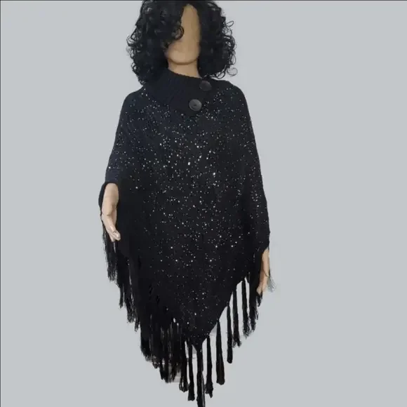 Chic Riff Black Sequined Fringed Poncho One Size Fits Most - Picture 8 of 8